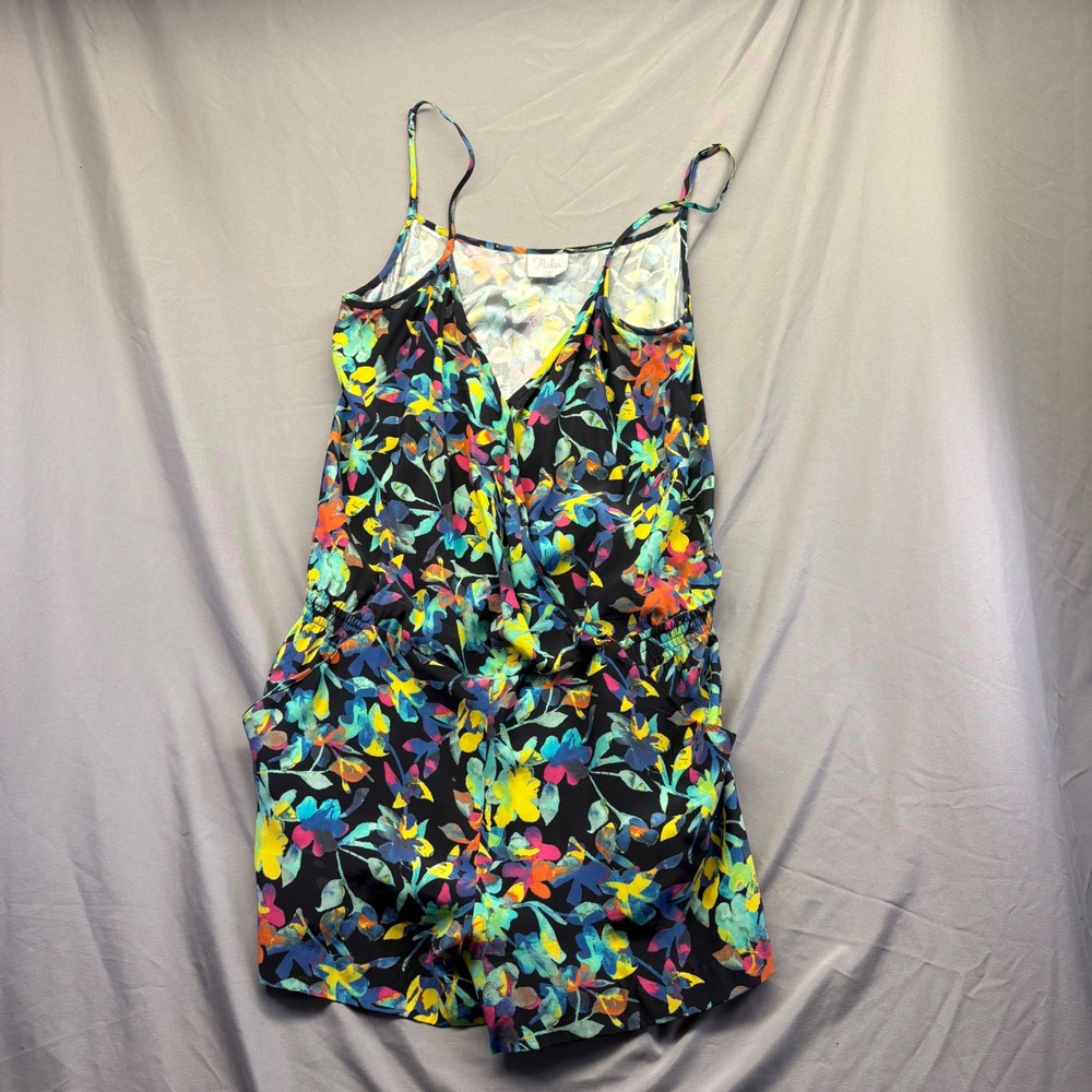 Parker Womens 100% Silk Floral Romper Black Multi Color V-Neck Size L PA121667CH
